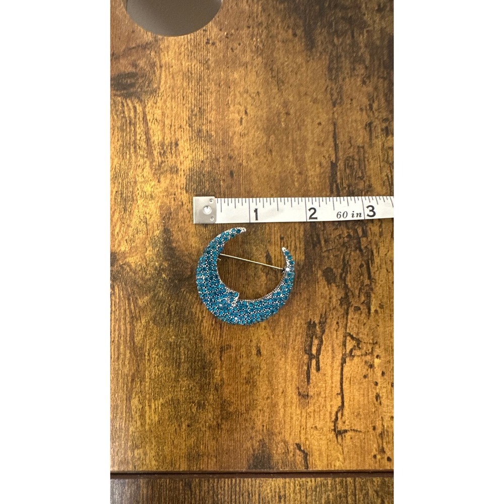Vintage Silver Tone Turquoise Blue Rhinestone Crescent Moon Celestial Brooch Pin